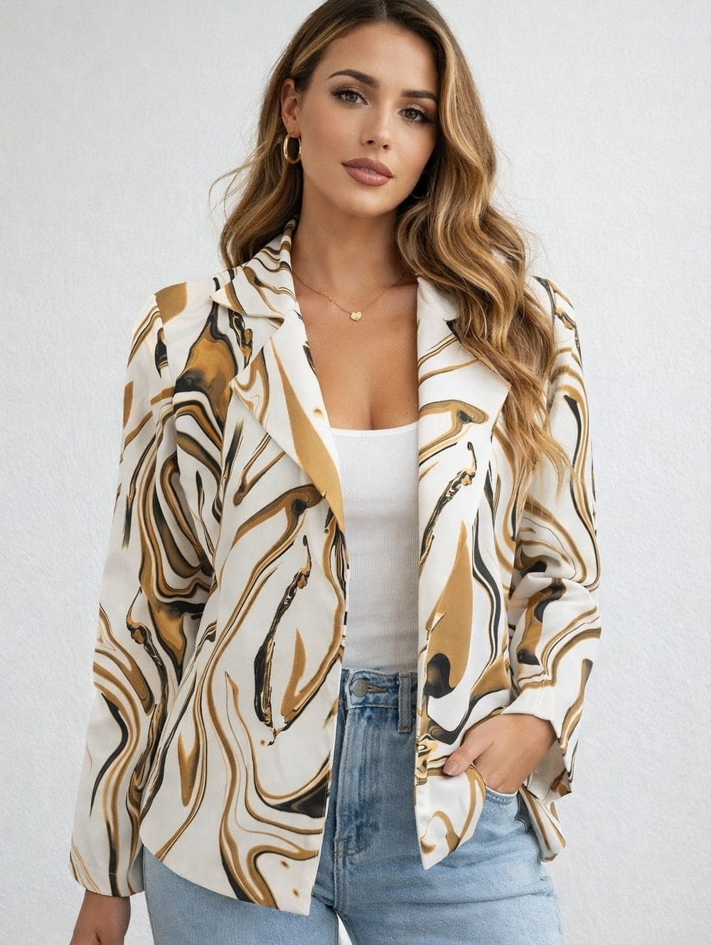 Women’s White & Gold Abstract Print Open Blazer With Shoulder Pads
